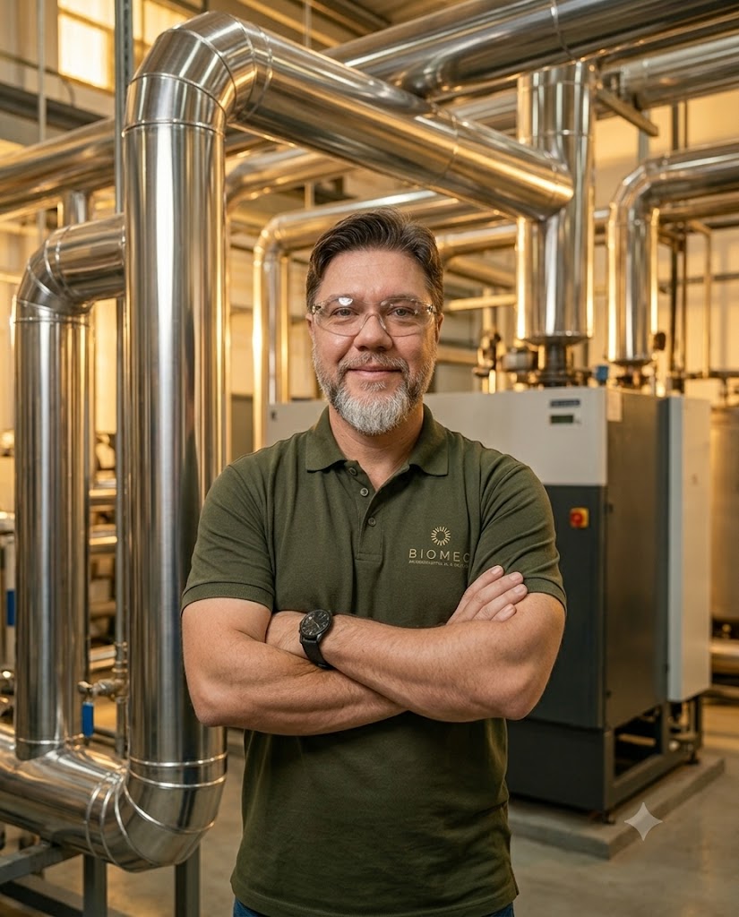 Técnico da BIOMEC ao lado de equipamento industrial limpo e protegido — resultado do atendimento técnico completo à indústria
