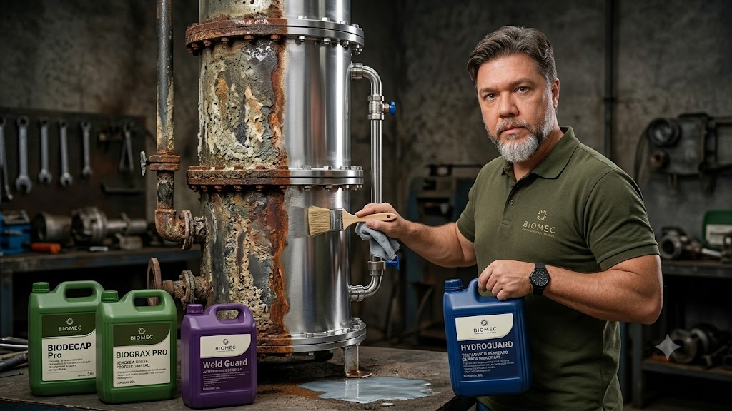 Fabiano Belem apresentando a linha de produtos BIOMEC na planta industrial — solução completa para a indústria em Sertãozinho, SP