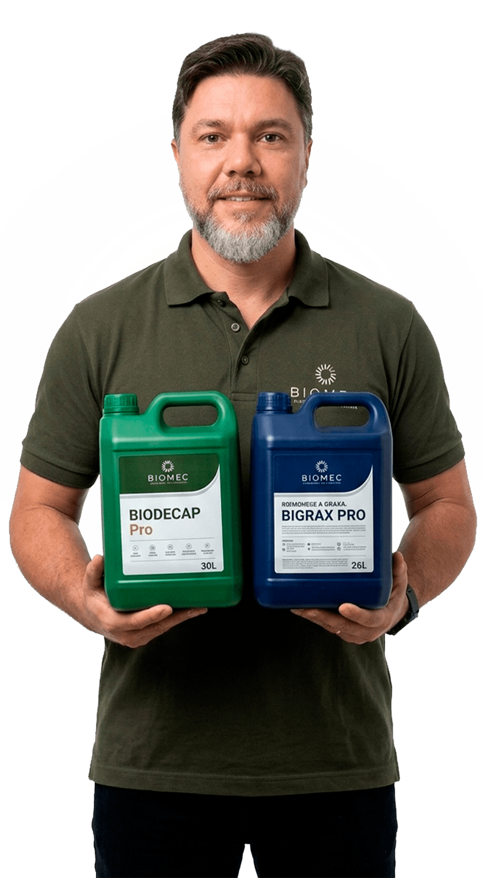 Fabiano Belem, da BIOMEC, segurando os produtos BIODECAP Pro e BIOGRAX PRO — fornecedor de produtos químicos para a indústria em Sertãozinho, SP