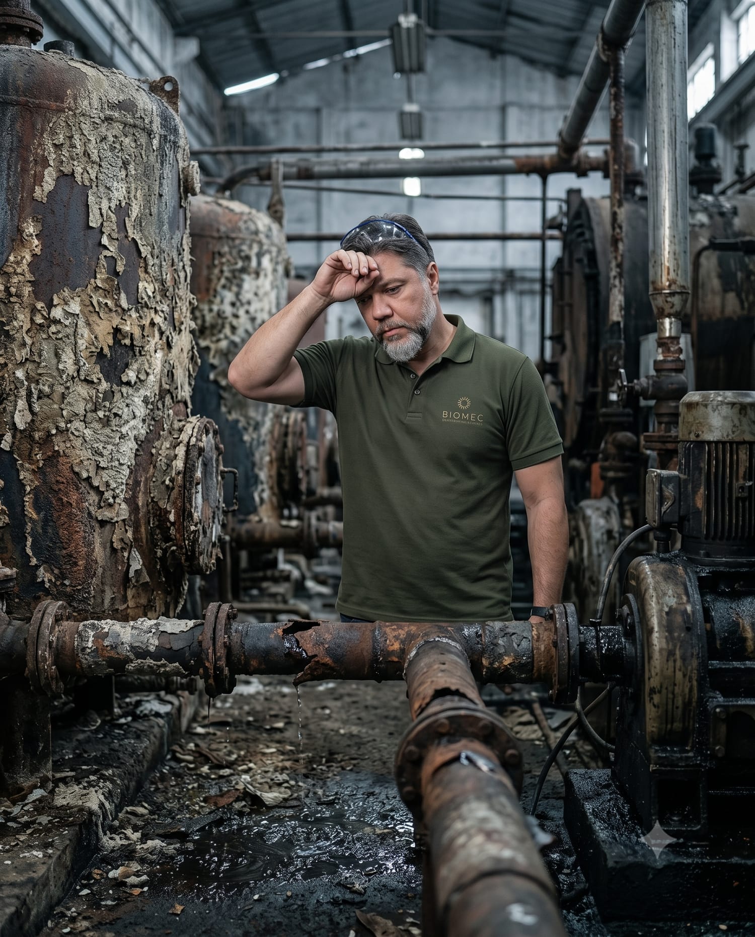 Técnico diante de caldeira e tubulação industrial corroídas por incrustação e ferrugem — o problema que a BIOMEC resolve na indústria
